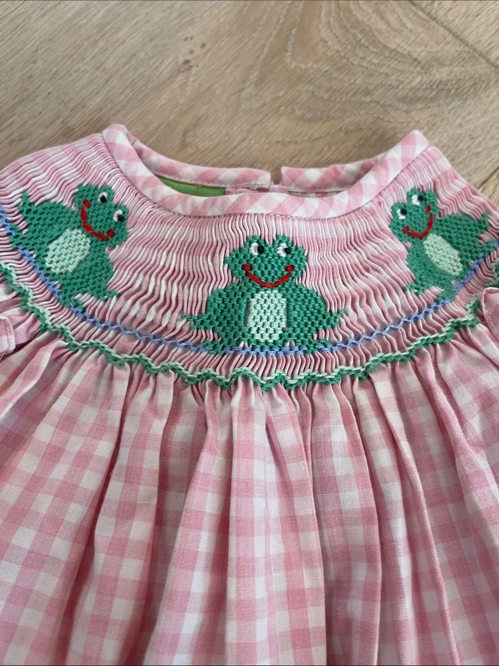 Classic Whimsy Pink Gingham Smocked Dress with Frog Embroidery 12 months